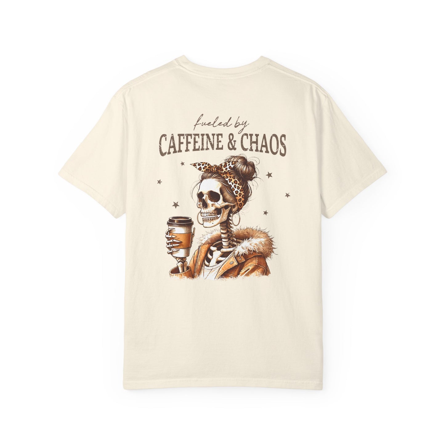 Caffeine & Chaos Skull Tee — Coffee Lover Skeleton Graphic T-Shirt