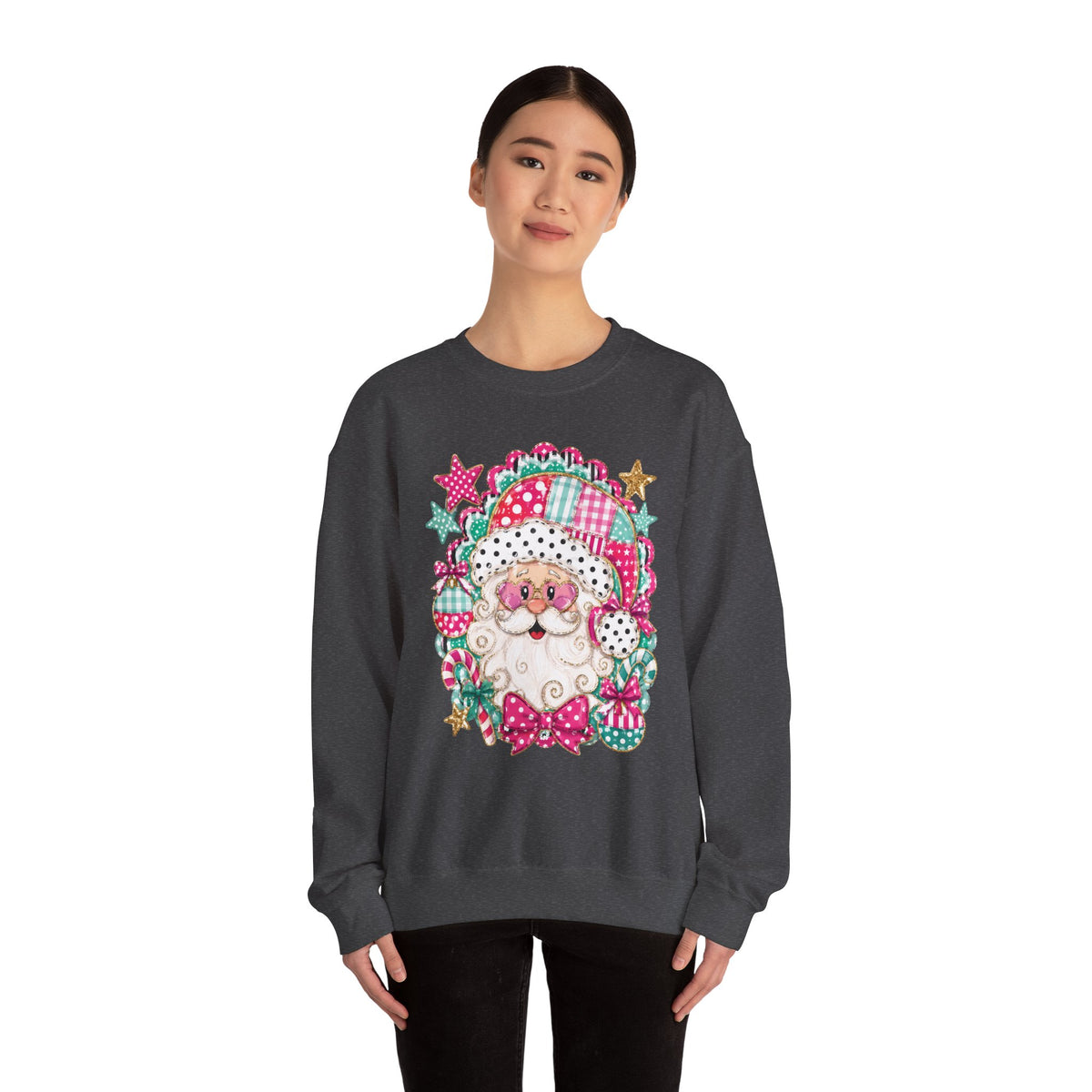Pink Patchwork Santa Sweatshirt — Cute Christmas Crewneck for Women & Kids
