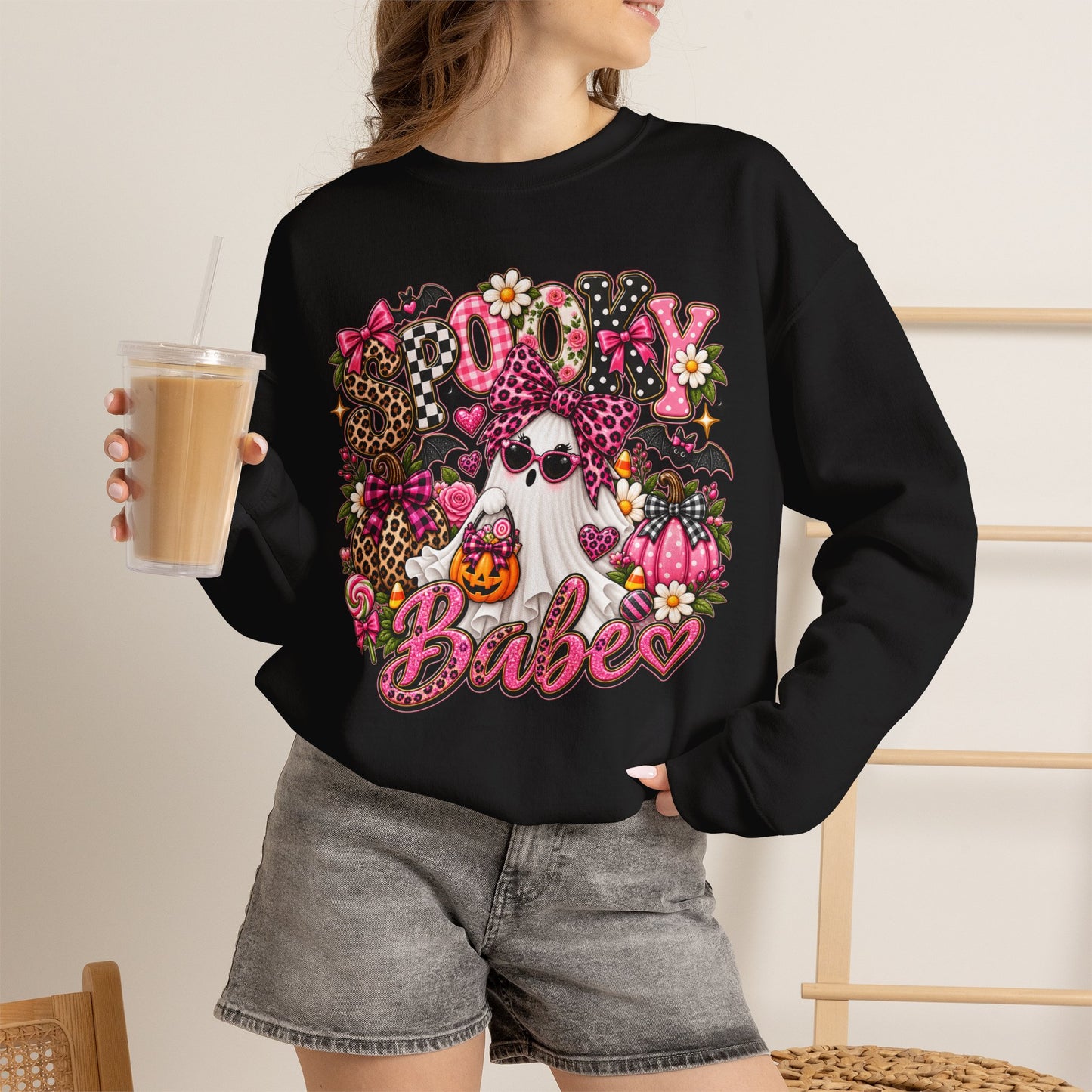Crewneck Sweatshirt — 'Spooky Babe' Cute Halloween Ghost Graphic
