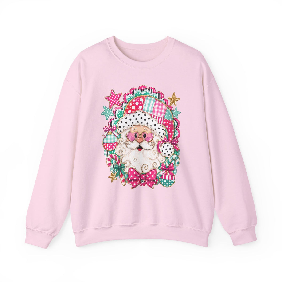 Pink Patchwork Santa Sweatshirt — Cute Christmas Crewneck for Women & Kids
