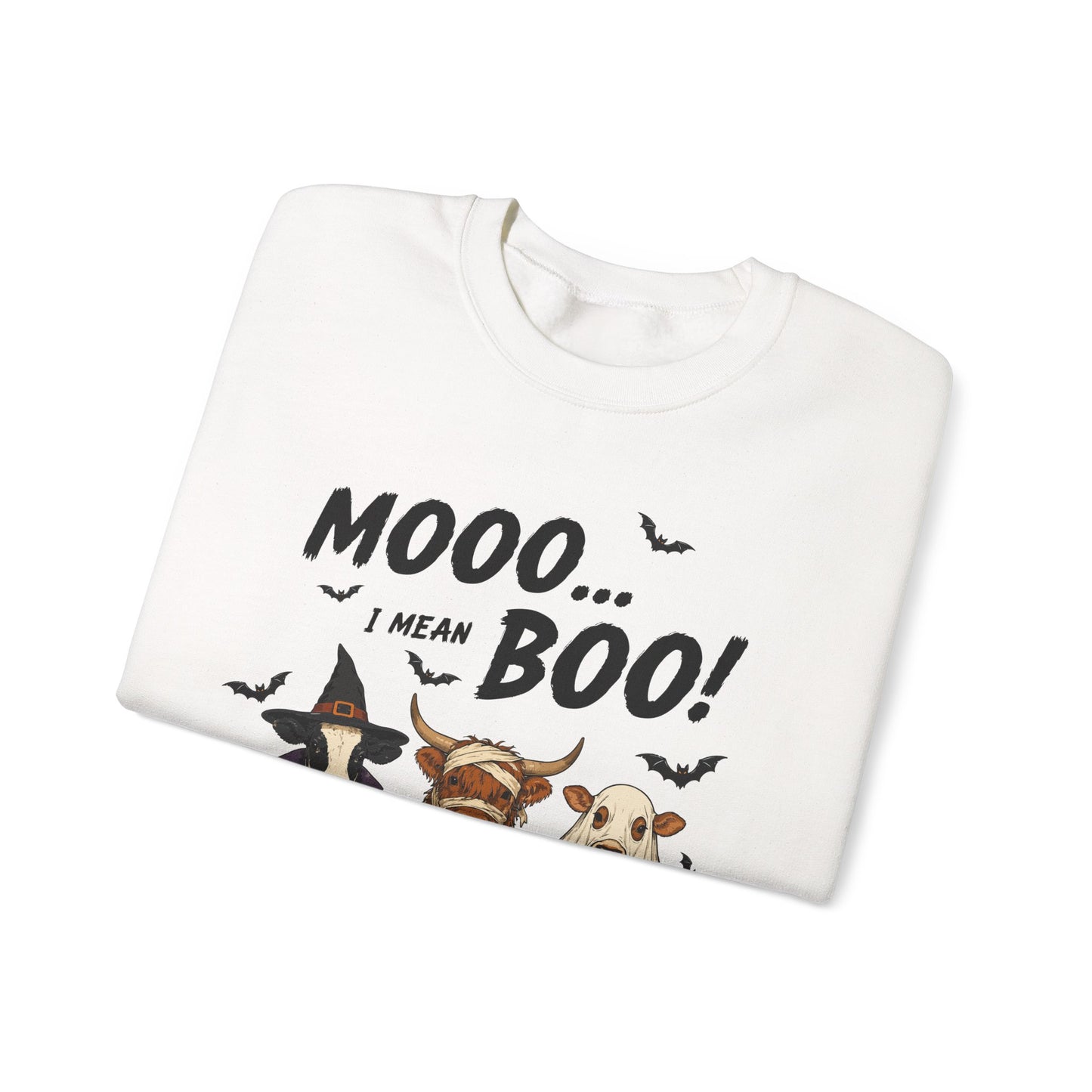 Halloween Cow Crewneck Sweatshirt — "Mooo... I Mean Boo!" Cute Farm Animals Costume Pullover