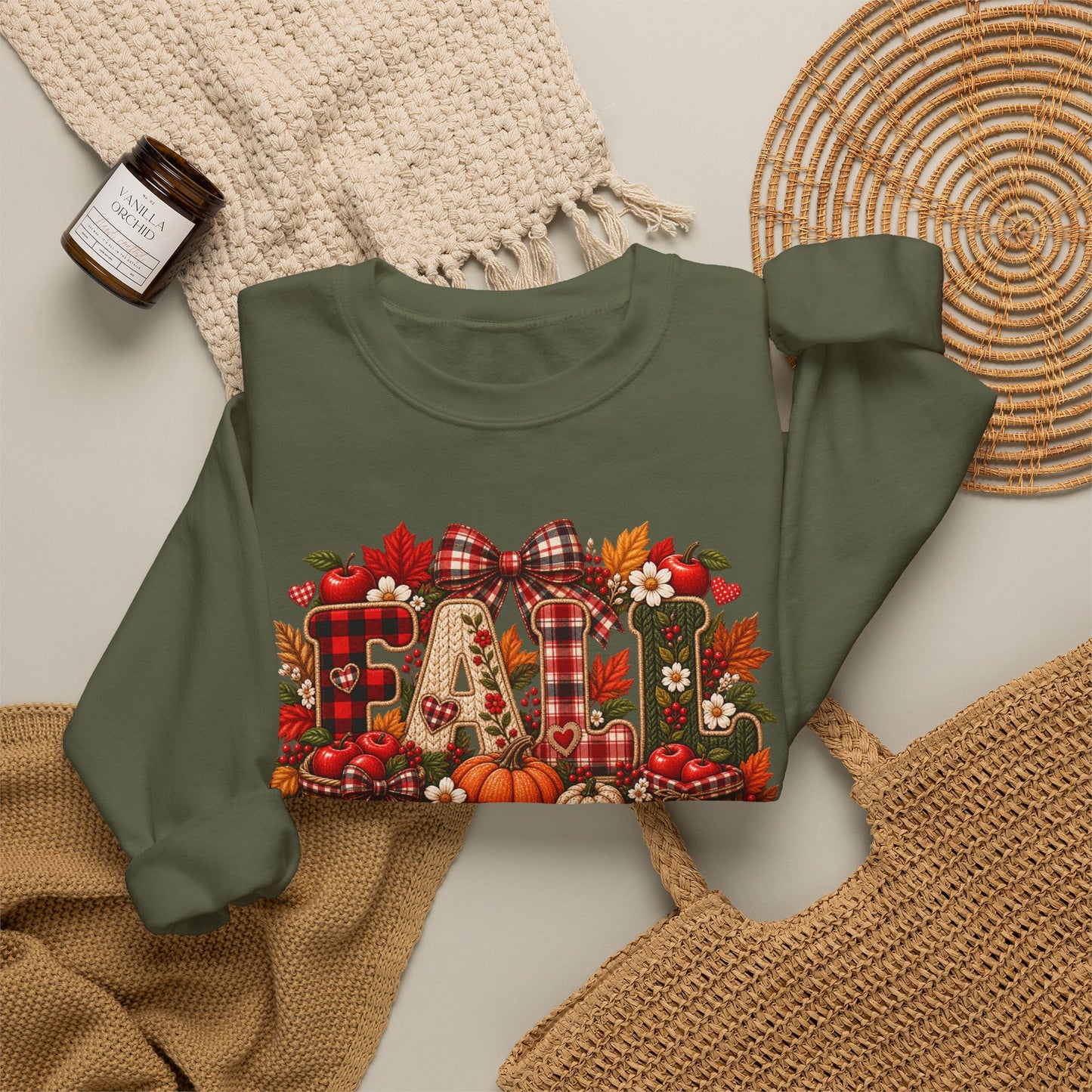 Fall Farmhouse Crewneck Sweatshirt — Pumpkin, Plaid & Autumn Decor Graphic