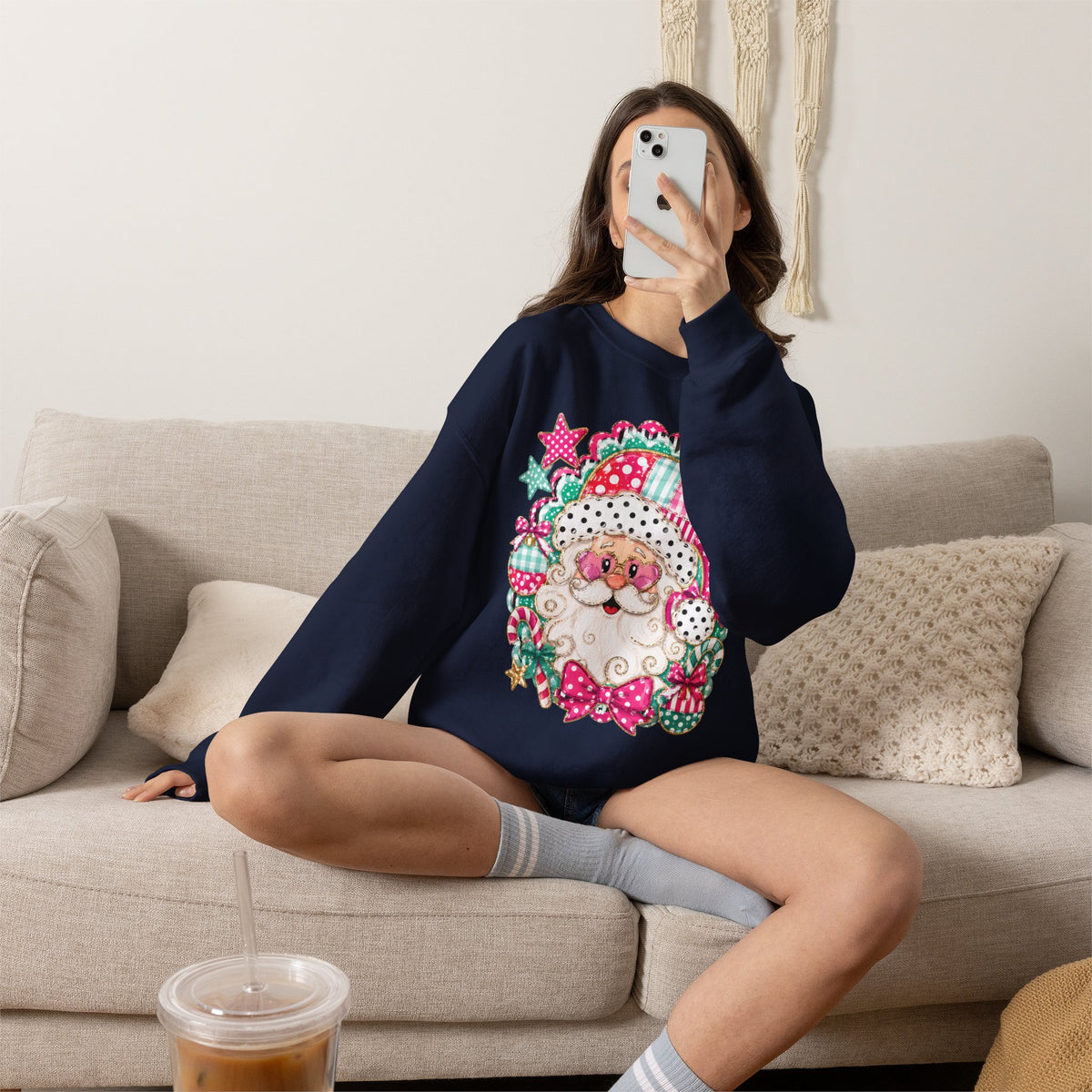 Pink Patchwork Santa Sweatshirt — Cute Christmas Crewneck for Women & Kids