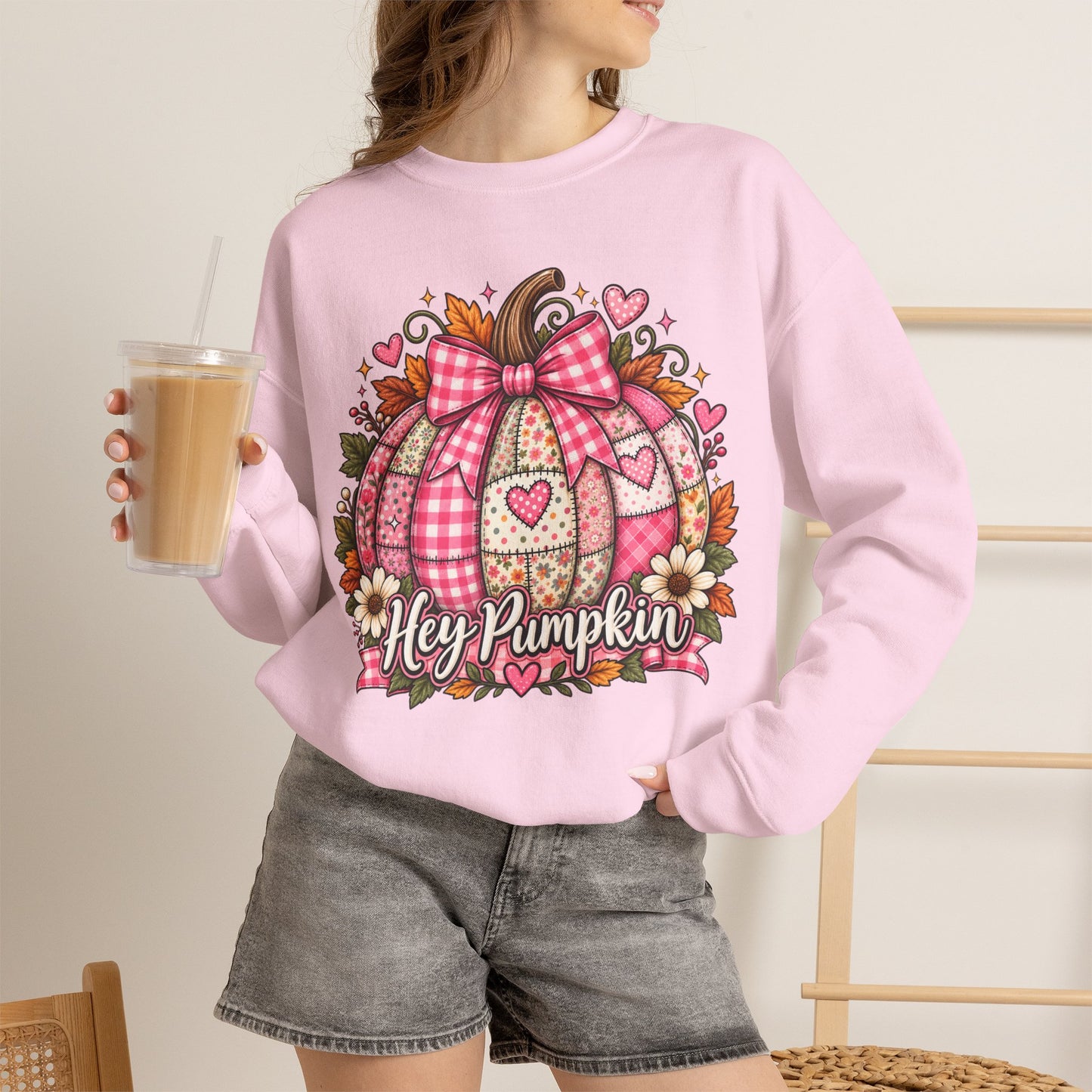 Hey Pumpkin Sweatshirt — Pink Plaid Pumpkin Crewneck for Fall & Valentine’s