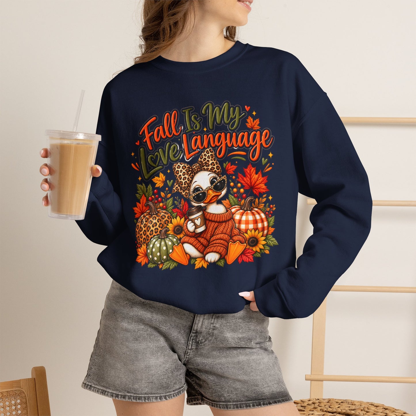 Fall Is My Love Language Duck Sweatshirt — Cute Autumn Duck & Pumpkins Crewneck