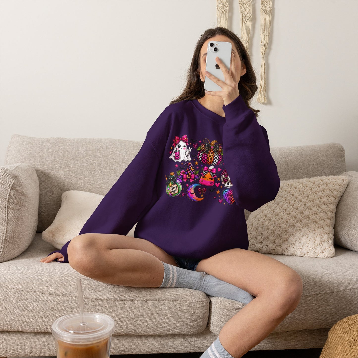 Halloween Cat & Pumpkin Crewneck Sweatshirt — Colorful Spooky Cute Design