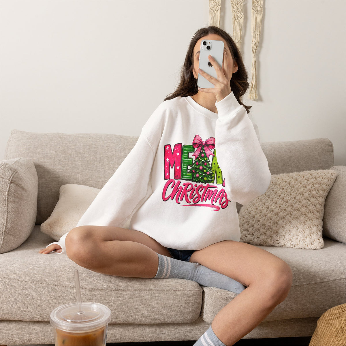 Crewneck Sweatshirt — Merry Christmas Pink & Green Holiday Tree Graphic