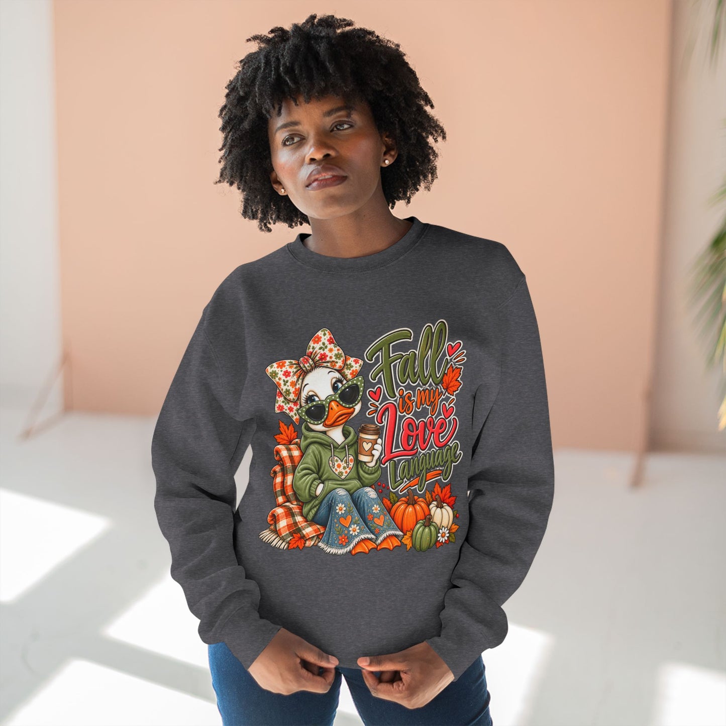 Fall Is My Love Language Sweatshirt — Cozy Autumn Duck Design with Pumpkins
