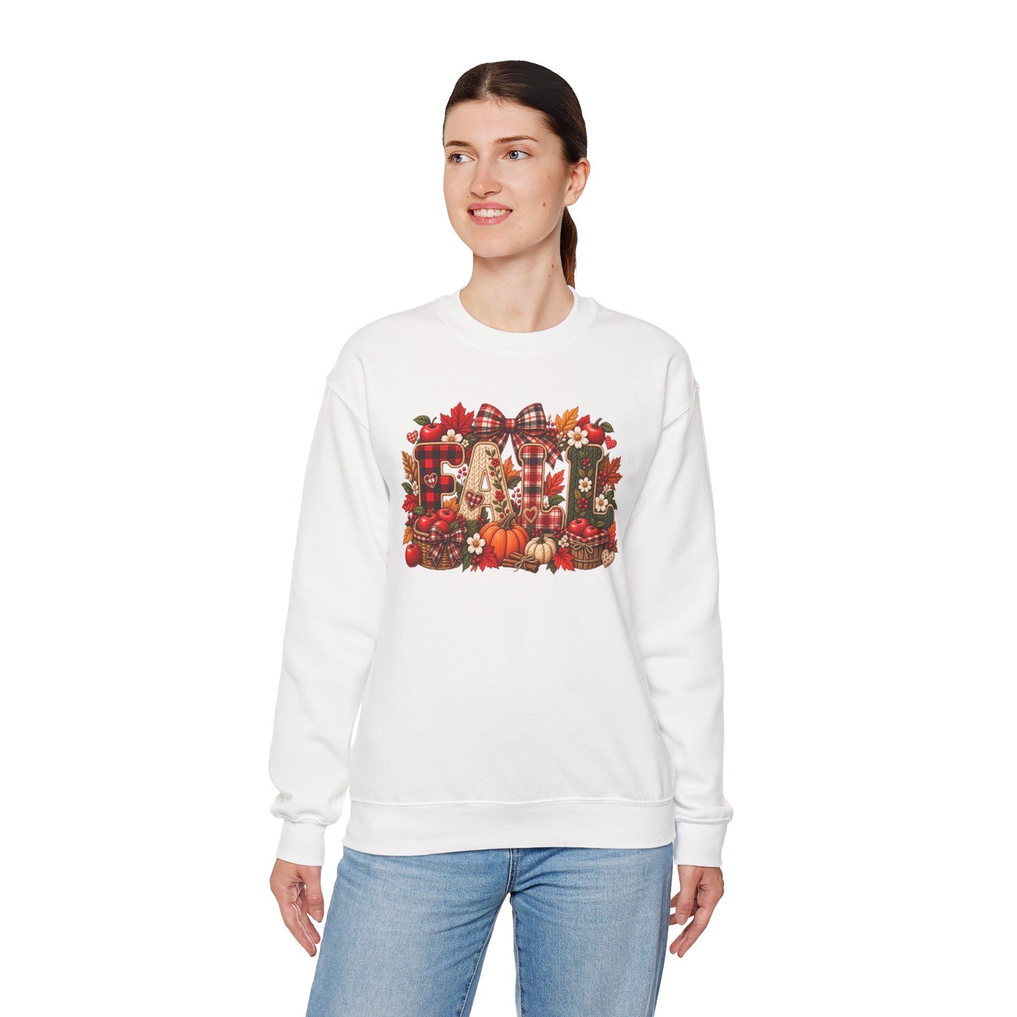 Fall Farmhouse Crewneck Sweatshirt — Pumpkin, Plaid & Autumn Decor Graphic