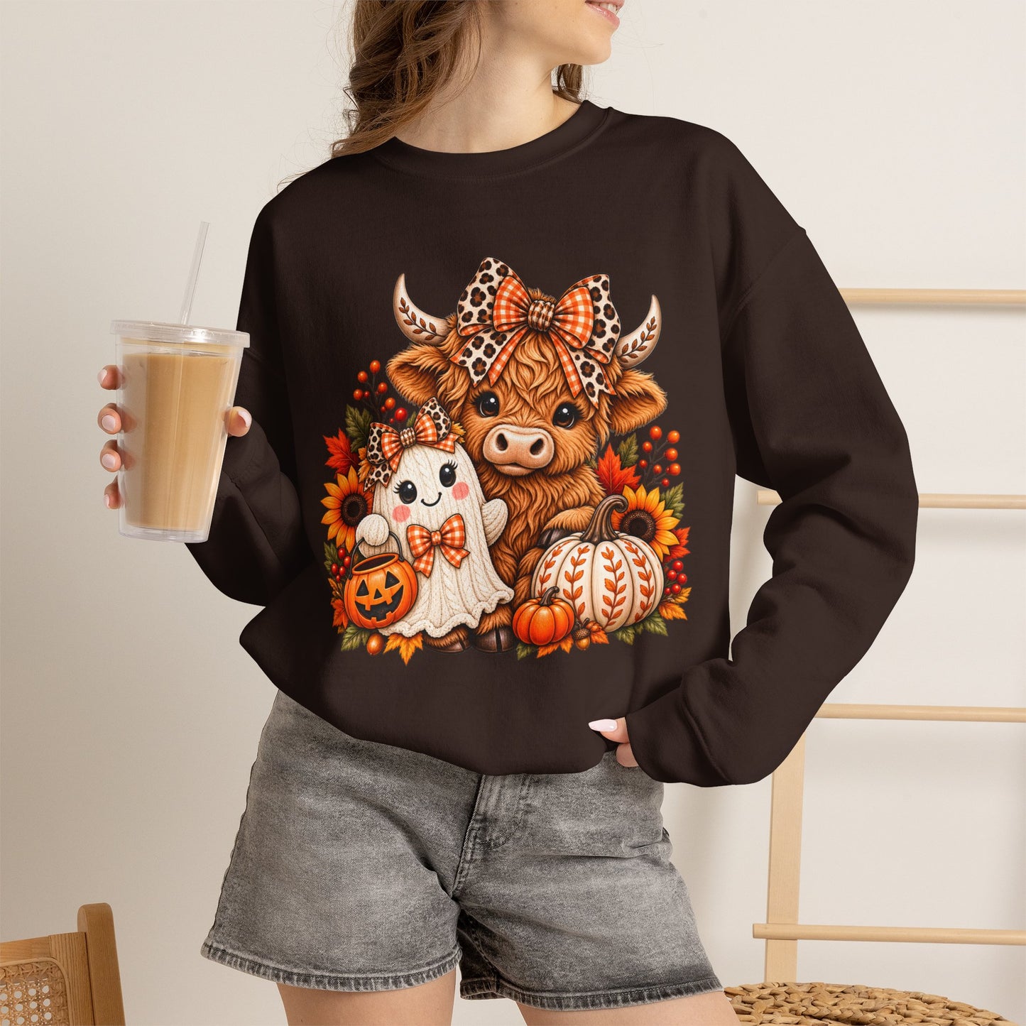 Autumn Highland Cow & Ghost Crewneck Sweatshirt — Cute Halloween Fall Graphic