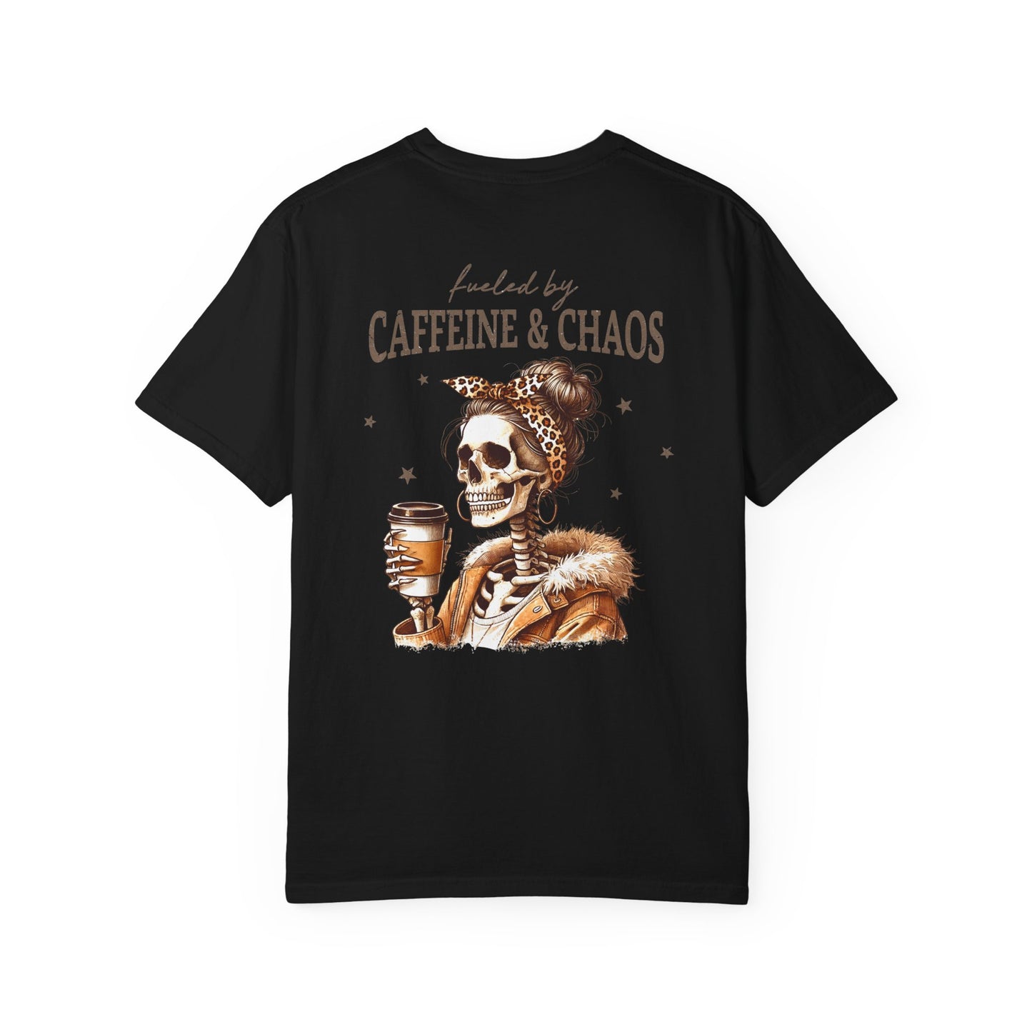 Caffeine & Chaos Skull Tee — Coffee Lover Skeleton Graphic T-Shirt