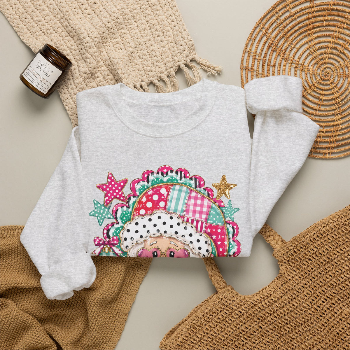 Pink Patchwork Santa Sweatshirt — Cute Christmas Crewneck for Women & Kids