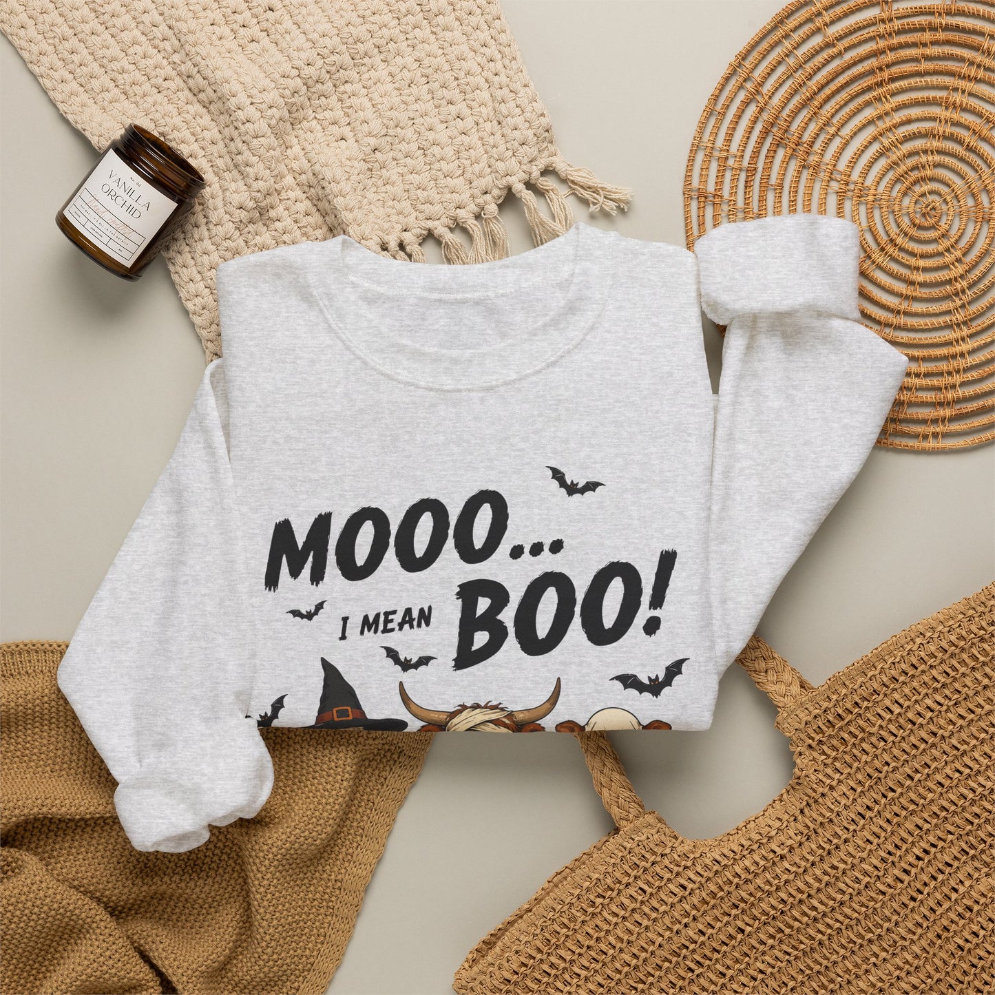 Halloween Cow Crewneck Sweatshirt — "Mooo... I Mean Boo!" Cute Farm Animals Costume Pullover