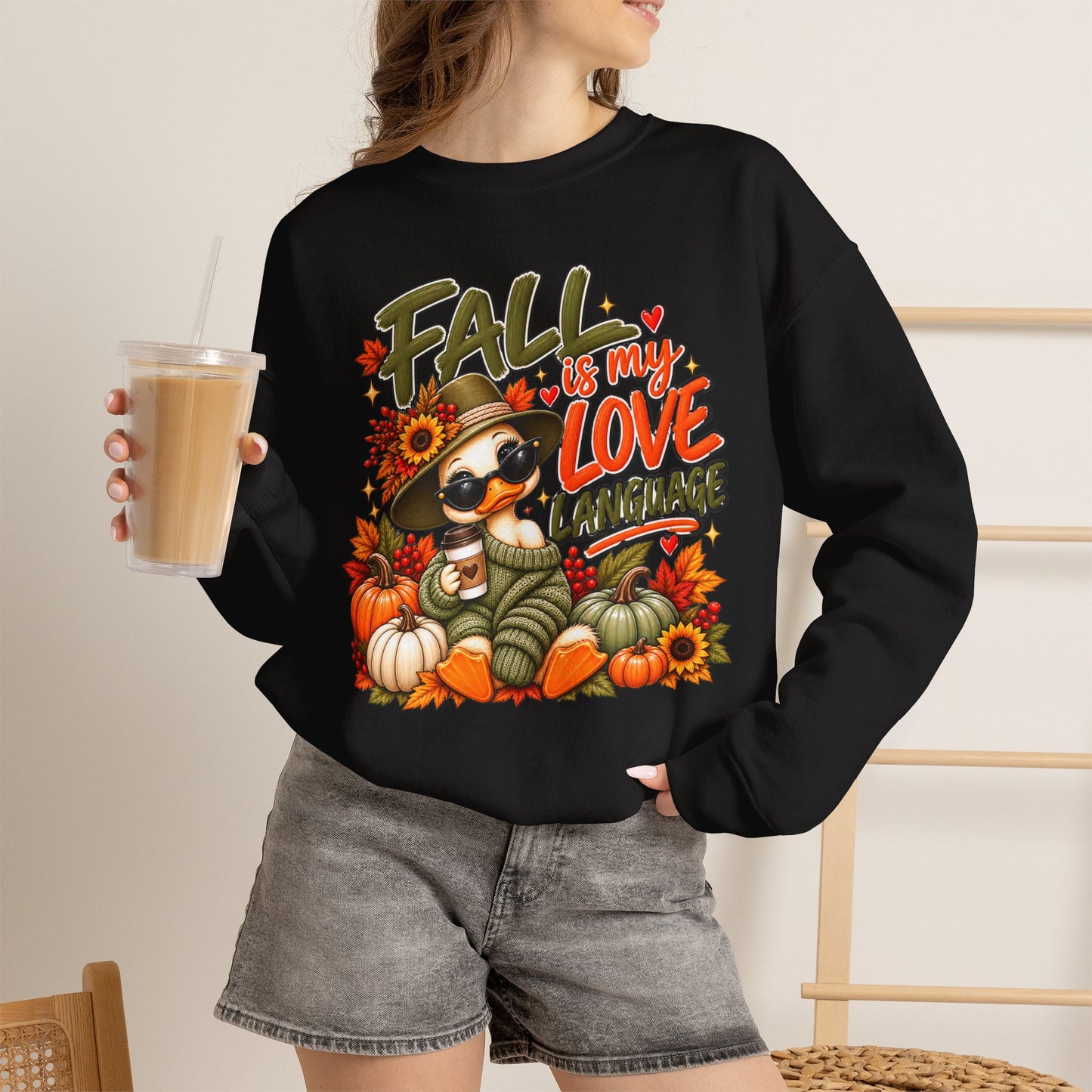 Fall Is My Love Language Sweatshirt — Cute Duck & Pumpkin Autumn Crewneck
