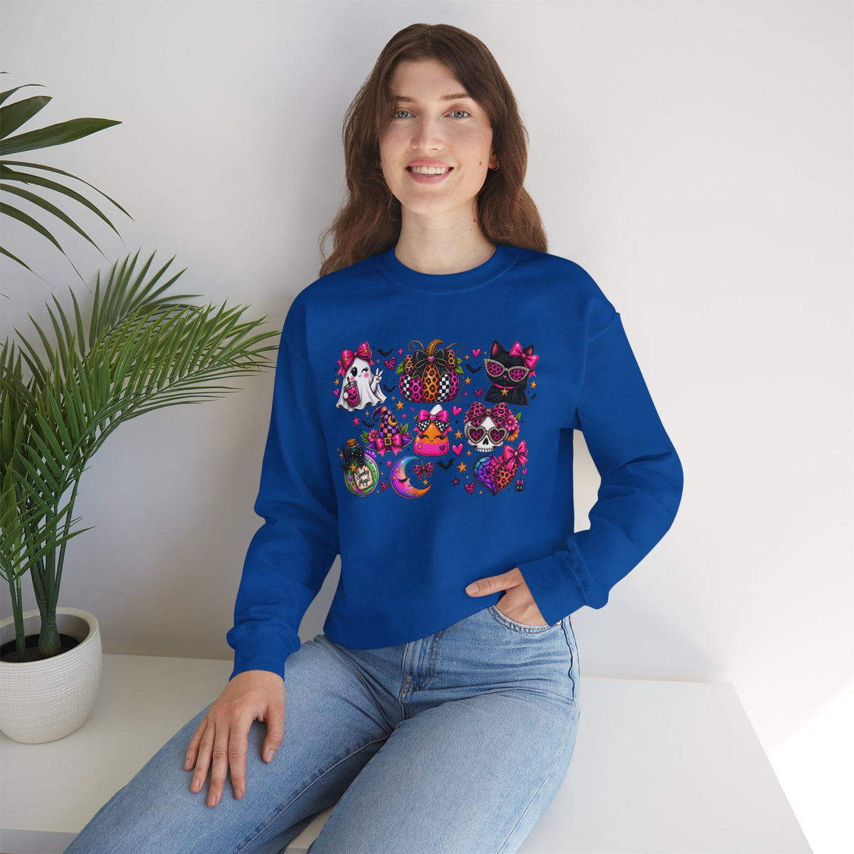 Halloween Cat & Pumpkin Crewneck Sweatshirt — Colorful Spooky Cute Design