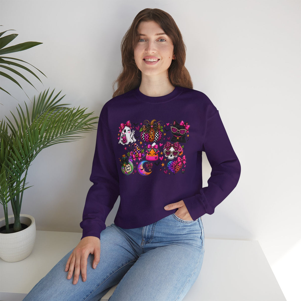 Halloween Cat & Pumpkin Crewneck Sweatshirt — Colorful Spooky Cute Design