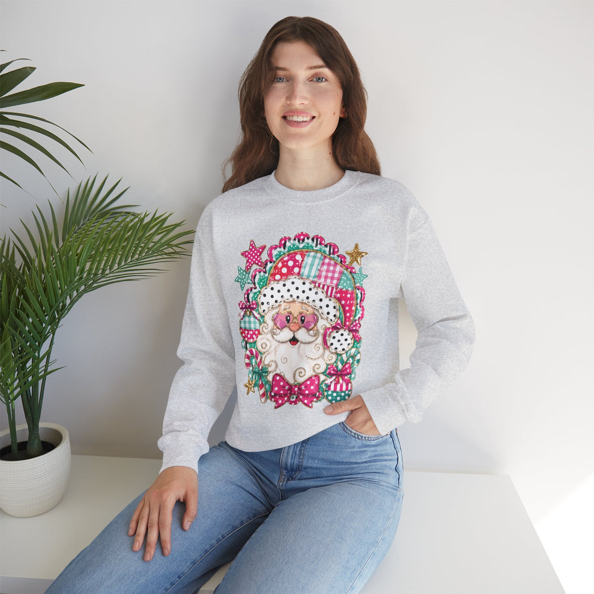 Pink Patchwork Santa Sweatshirt — Cute Christmas Crewneck for Women & Kids