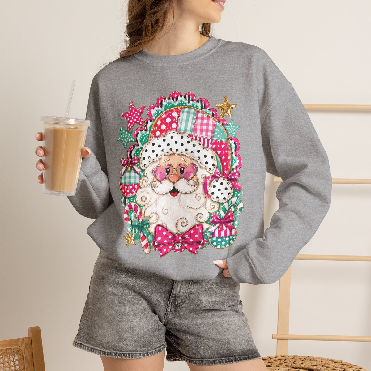 Pink Patchwork Santa Sweatshirt — Cute Christmas Crewneck for Women & Kids