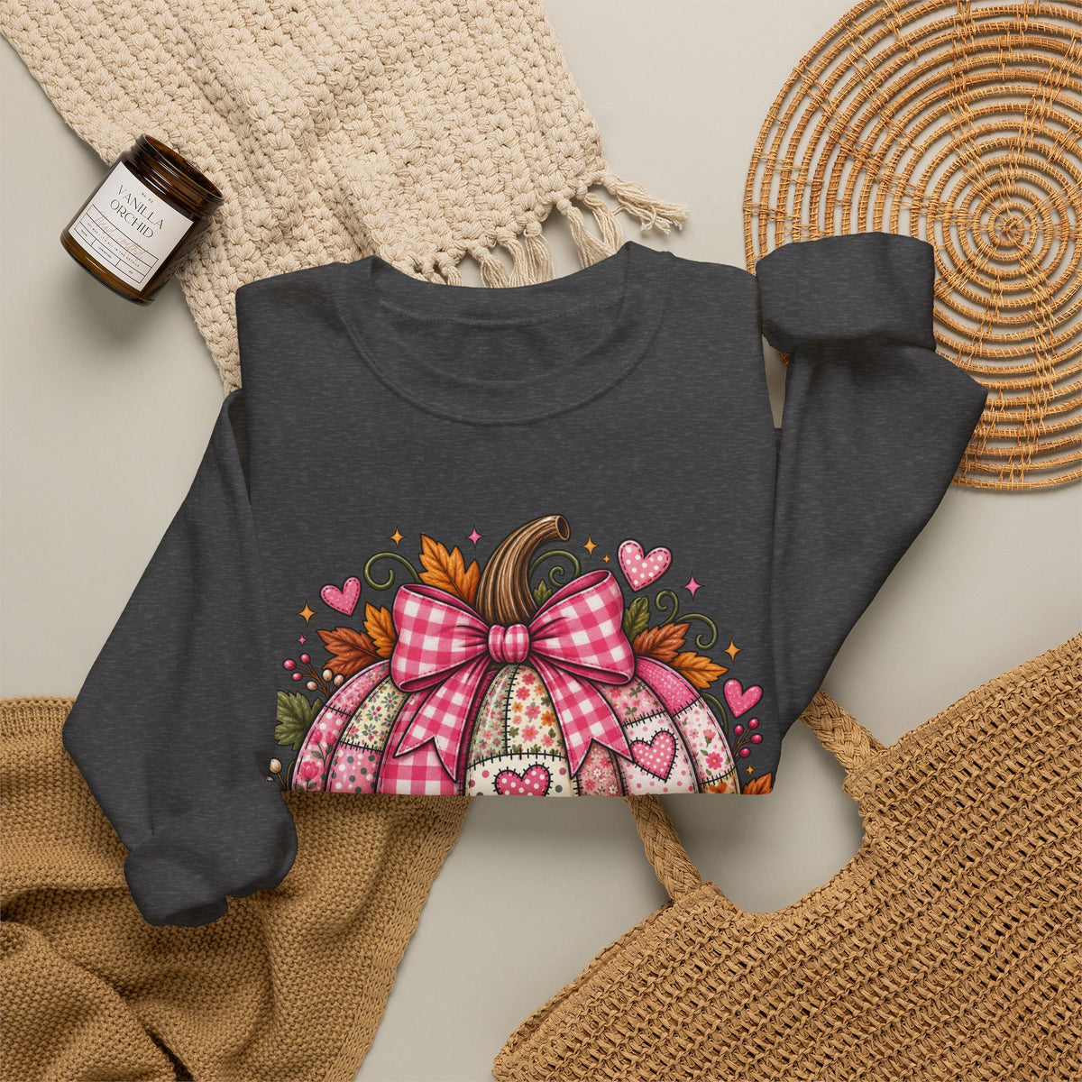 Hey Pumpkin Sweatshirt — Pink Plaid Pumpkin Crewneck for Fall & Valentine’s