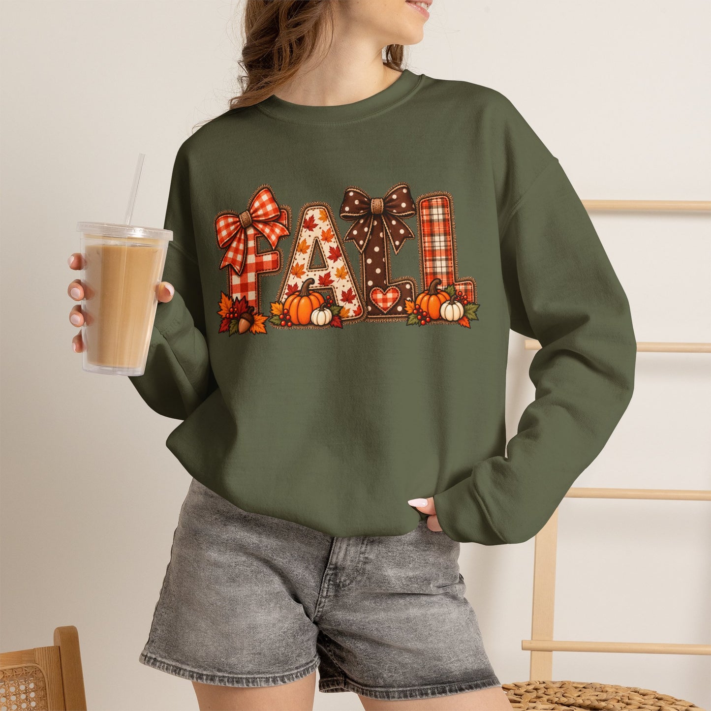 Fall Plaid Crewneck Sweatshirt — Autumn Pumpkins & Bows Design