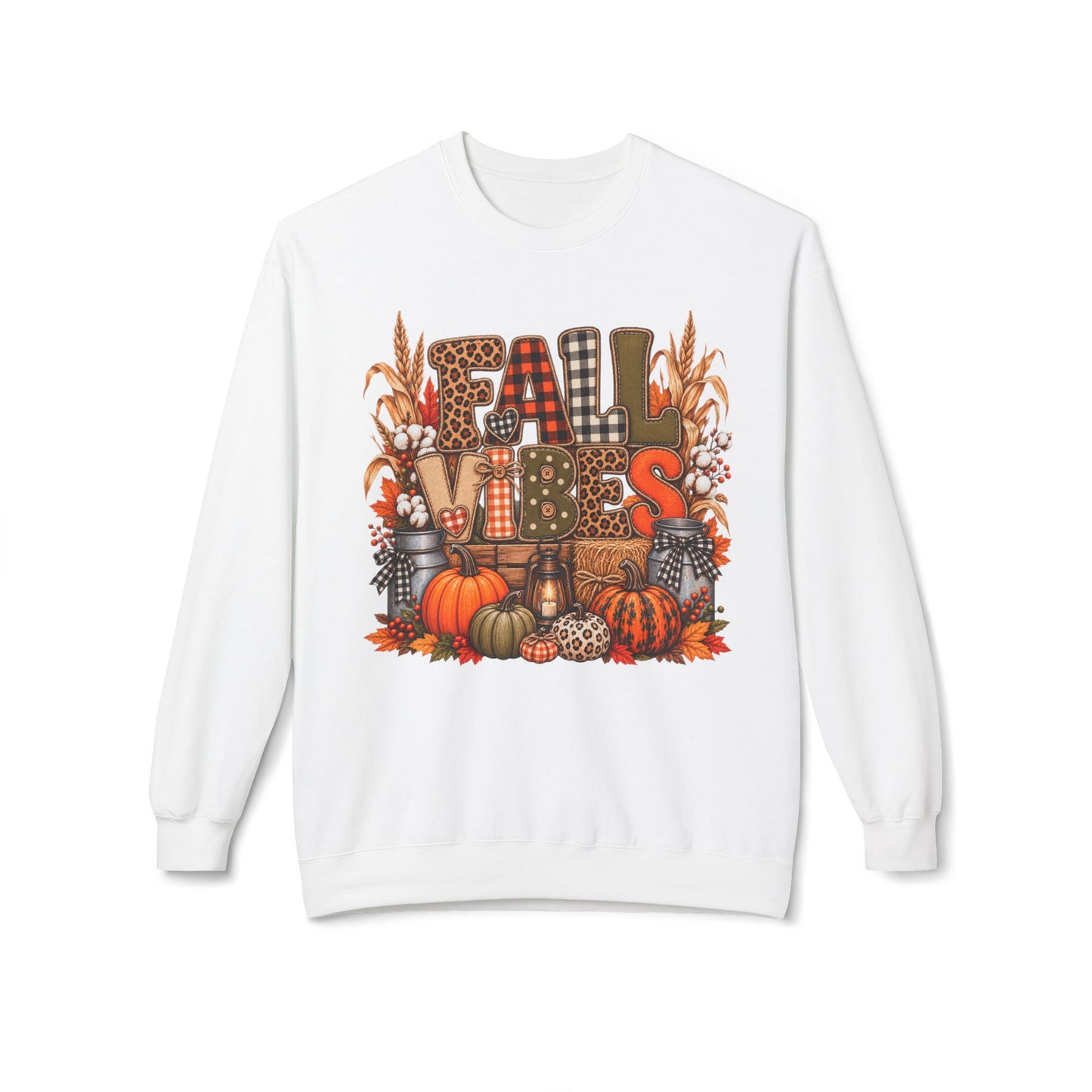 Fall Vibes Crewneck Sweatshirt — Pumpkin, Plaid & Harvest Graphic