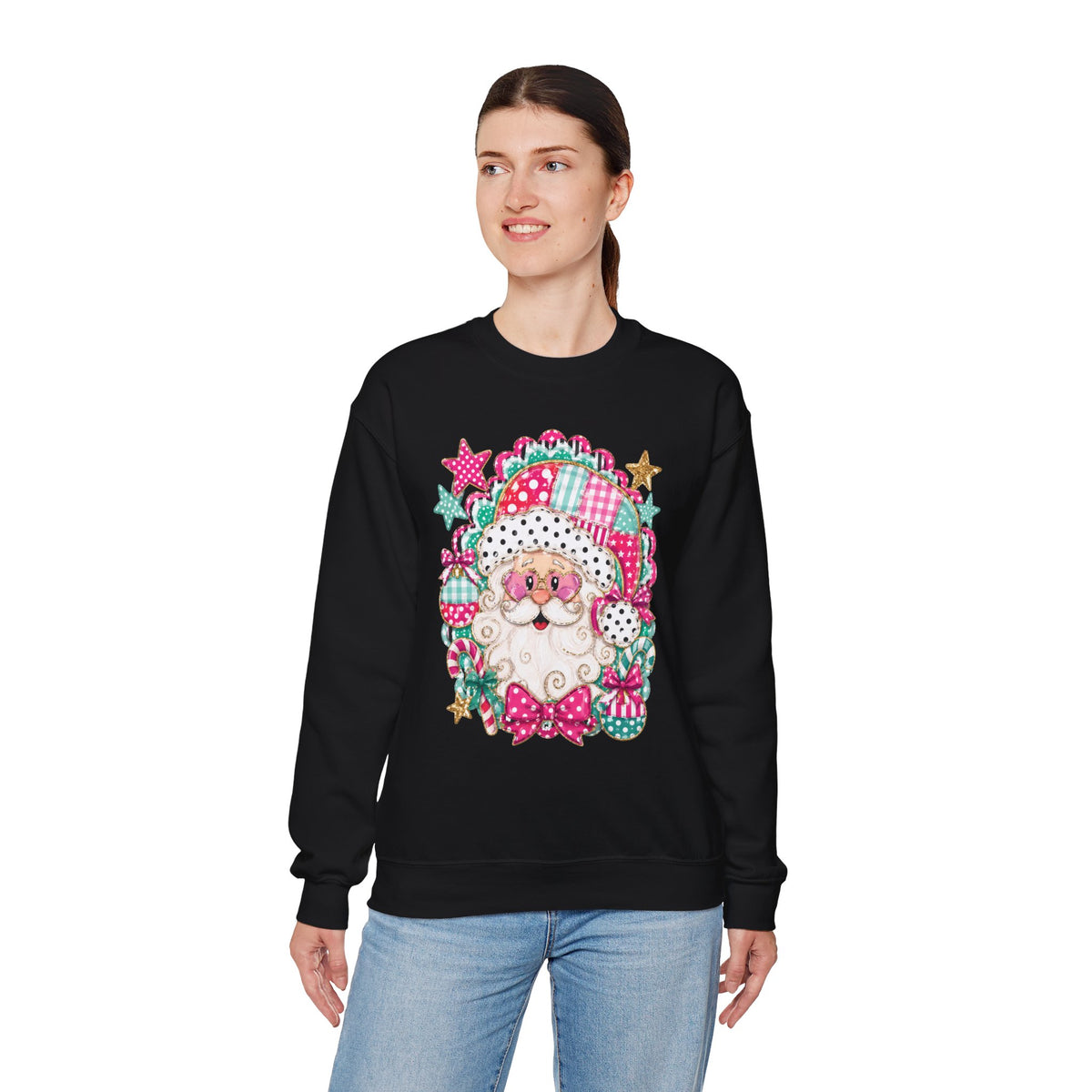 Pink Patchwork Santa Sweatshirt — Cute Christmas Crewneck for Women & Kids