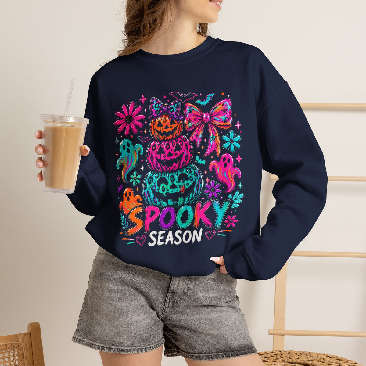 Spooky Season Sweatshirt — Colorful Neon Halloween Pumpkin & Ghost Crewneck