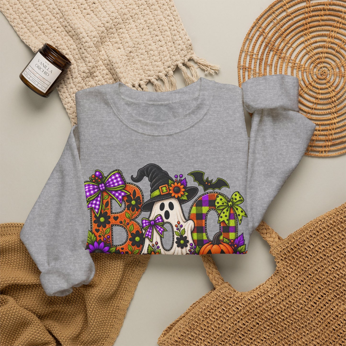 Halloween "BOO!" Crewneck Sweatshirt — Cute Spooky Ghost & Pumpkin Pullover
