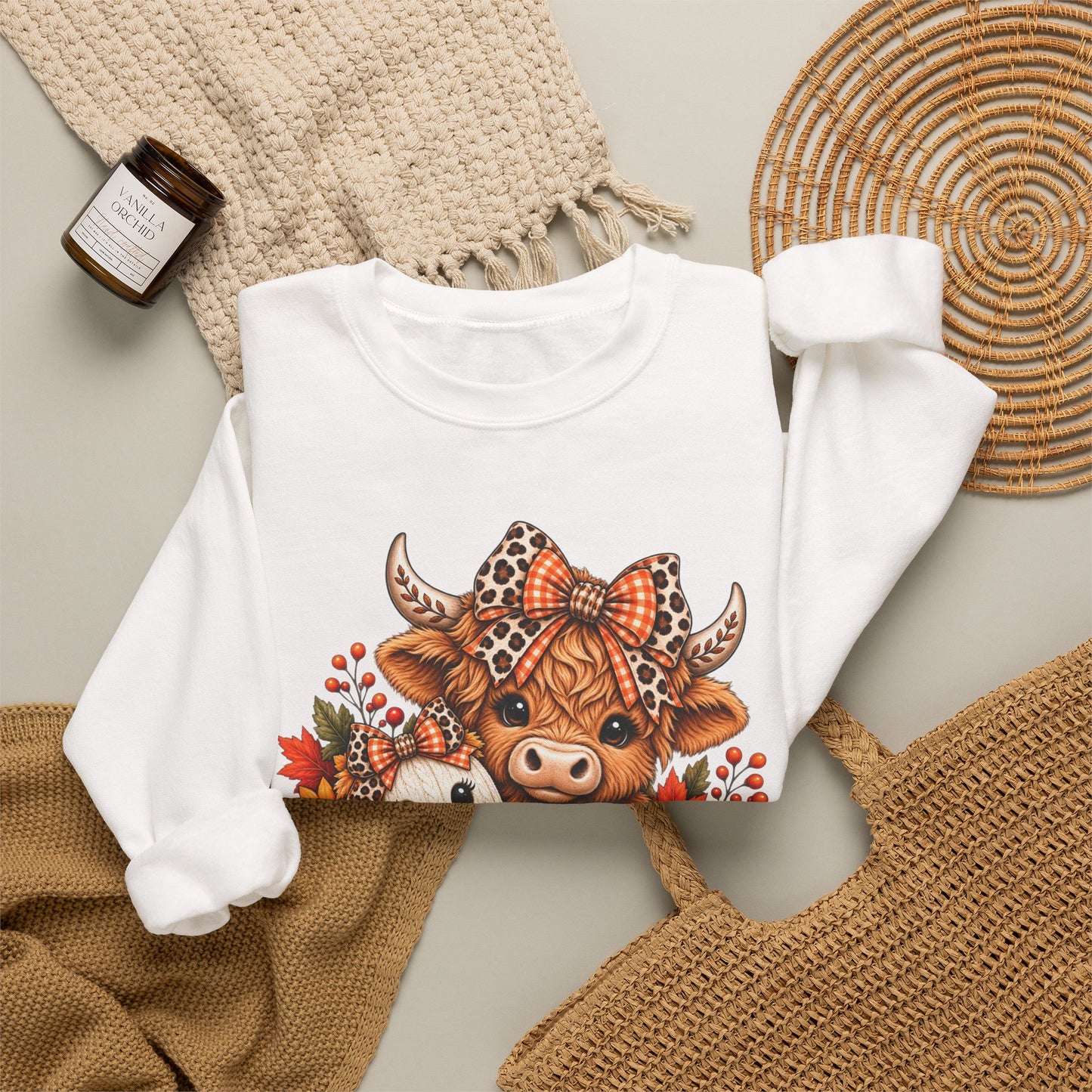 Autumn Highland Cow & Ghost Crewneck Sweatshirt — Cute Halloween Fall Graphic