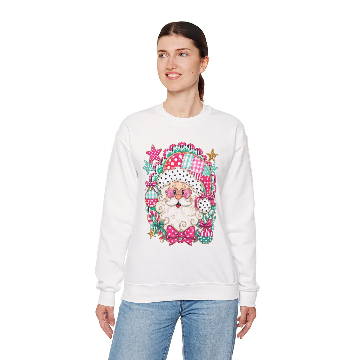 Pink Patchwork Santa Sweatshirt — Cute Christmas Crewneck for Women & Kids