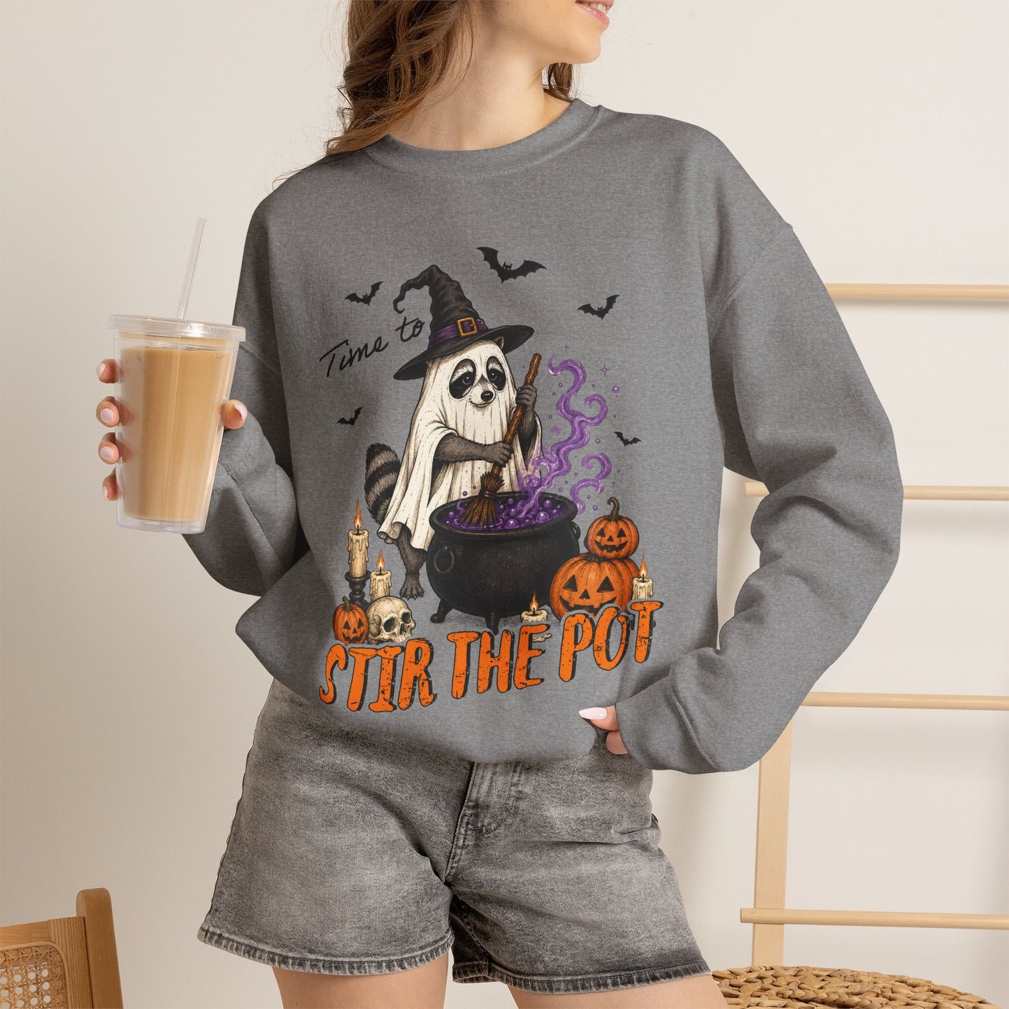 Sweatshirt — "Stir the Pot" Witch Raccoon Halloween Crewneck