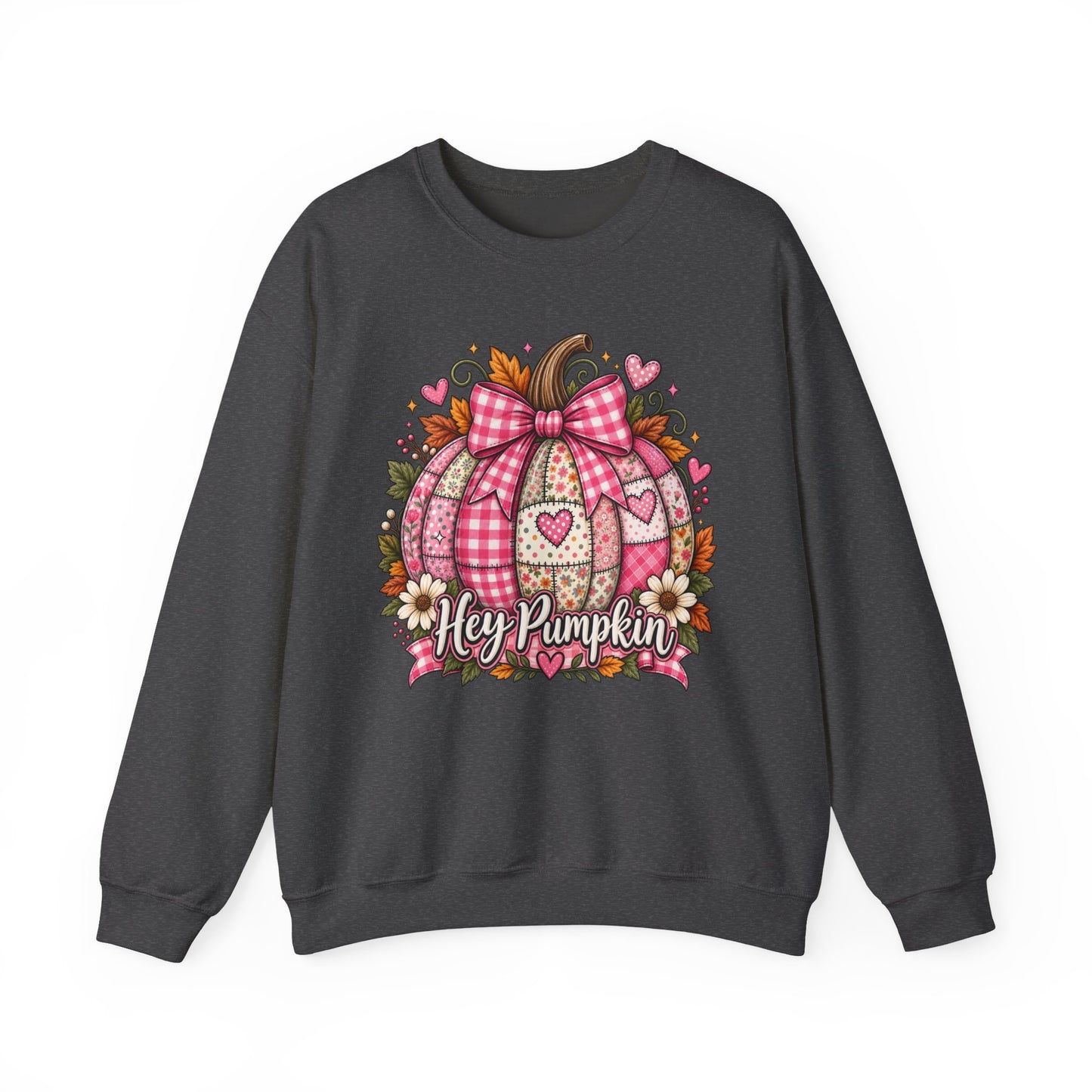Hey Pumpkin Sweatshirt — Pink Plaid Pumpkin Crewneck for Fall & Valentine’s