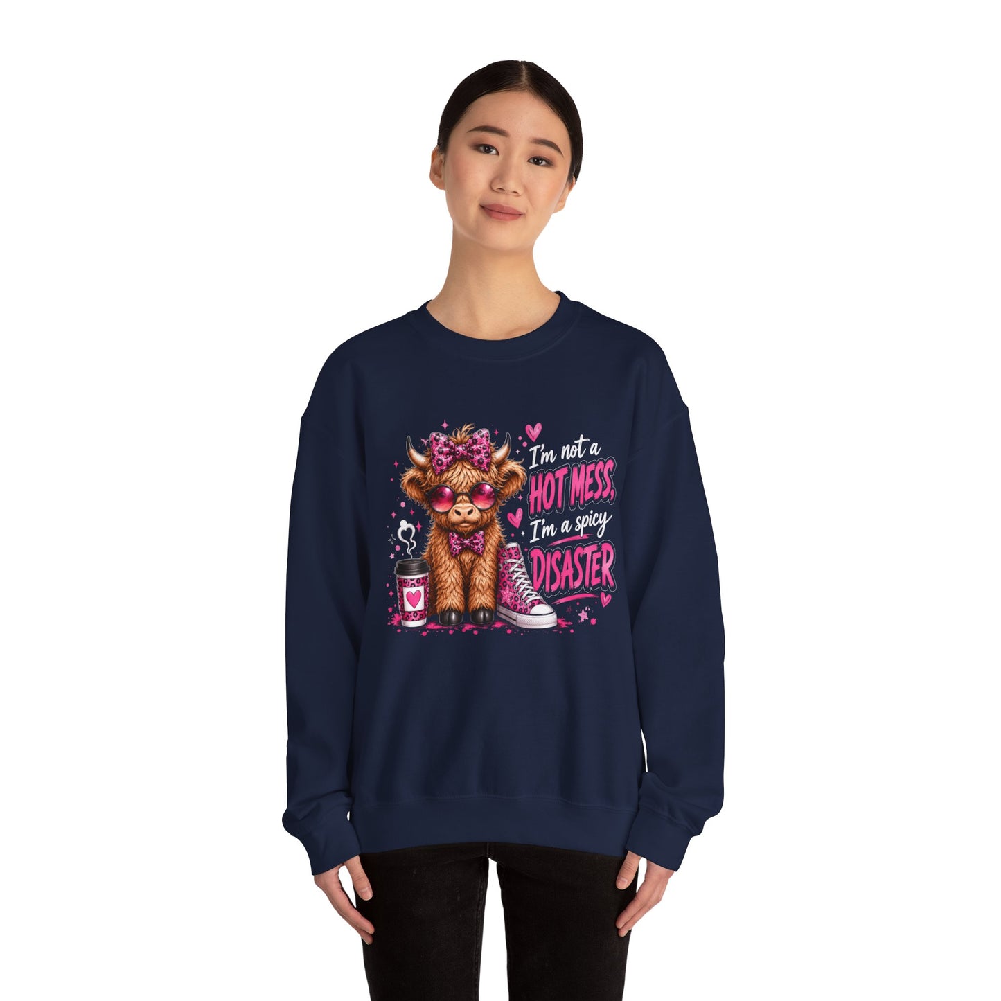 Spicy Disaster Dog Crewneck Sweatshirt — “I’m not a hot mess, I’m a spicy disaster” Graphic Sweatshirt