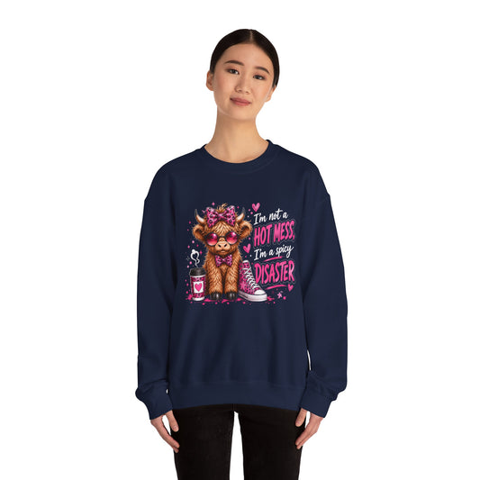 Spicy Disaster Dog Crewneck Sweatshirt — “I’m not a hot mess, I’m a spicy disaster” Graphic Sweatshirt