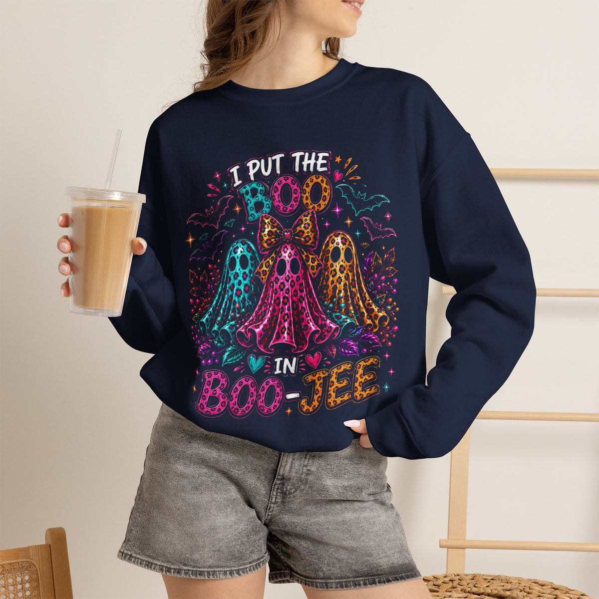 Halloween Crewneck Sweatshirt - "I Put the Boo in Boo-tee" Colorful Ghosts