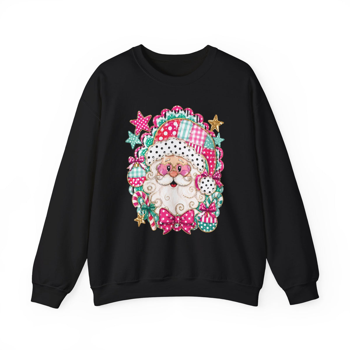 Pink Patchwork Santa Sweatshirt — Cute Christmas Crewneck for Women & Kids