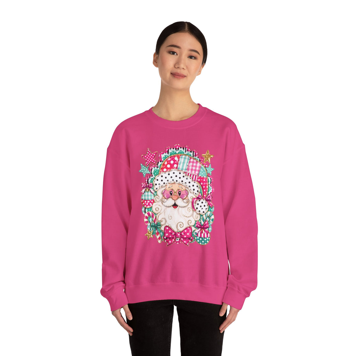 Pink Patchwork Santa Sweatshirt — Cute Christmas Crewneck for Women & Kids