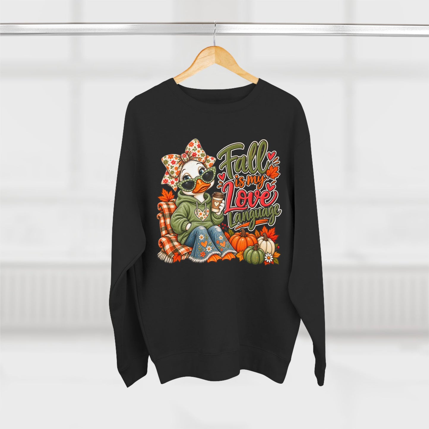 Fall Is My Love Language Sweatshirt — Cozy Autumn Duck Design with Pumpkins