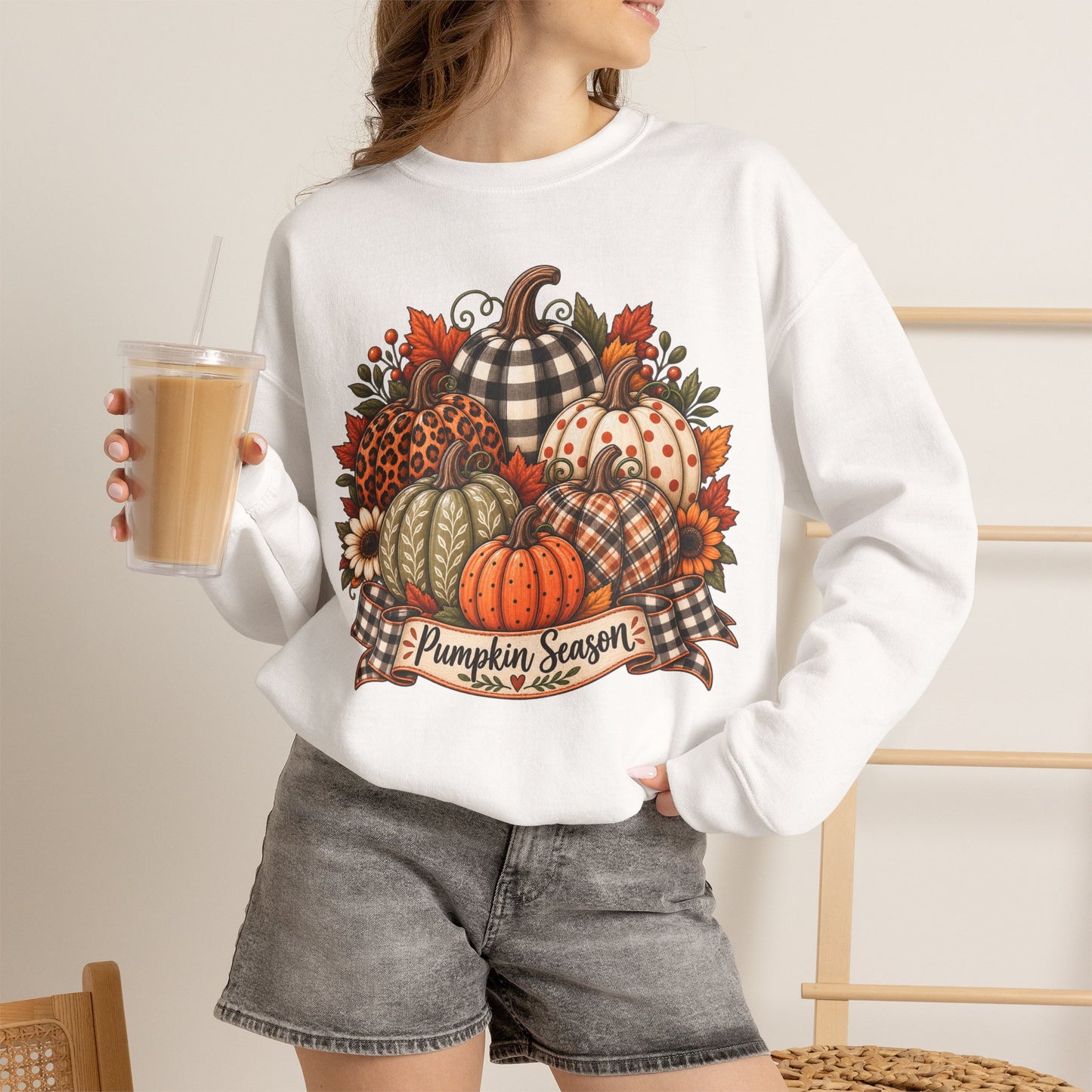 Pumpkin Season Fall Sweatshirt — Plaid & Floral Autumn Pumpkins Crewneck