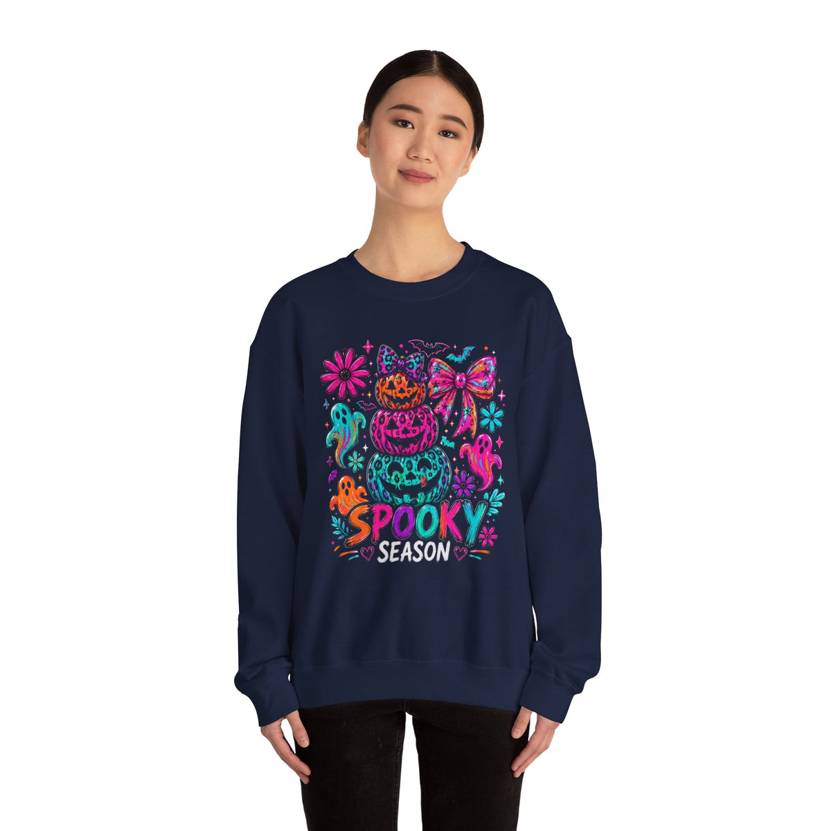 Spooky Season Sweatshirt — Colorful Neon Halloween Pumpkin & Ghost Crewneck