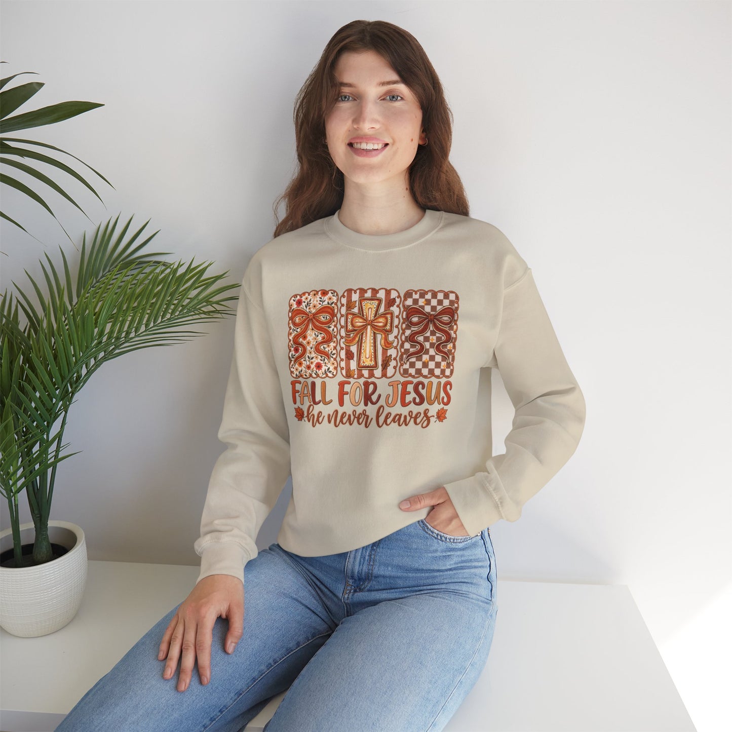 Crewneck Sweatshirt — Fall For Jesus Graphic, Autumn Leaves Faith Sweatshirt