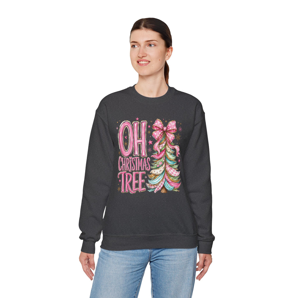 Oh Christmas Tree Sweatshirt | Pink Bow Christmas Crewneck for Women | Girly Holiday Graphic Sweatshirt