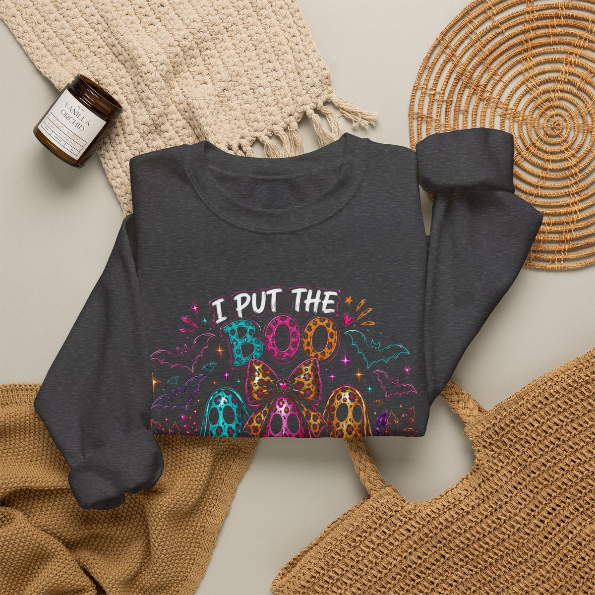 Halloween Crewneck Sweatshirt - "I Put the Boo in Boo-tee" Colorful Ghosts