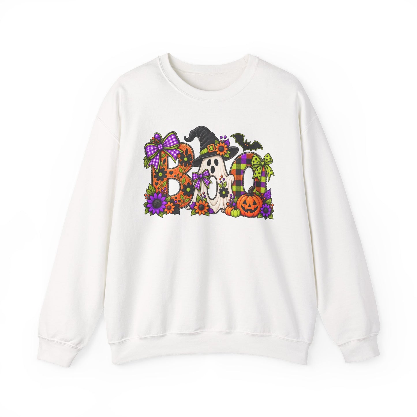 Halloween "BOO!" Crewneck Sweatshirt — Cute Spooky Ghost & Pumpkin Pullover
