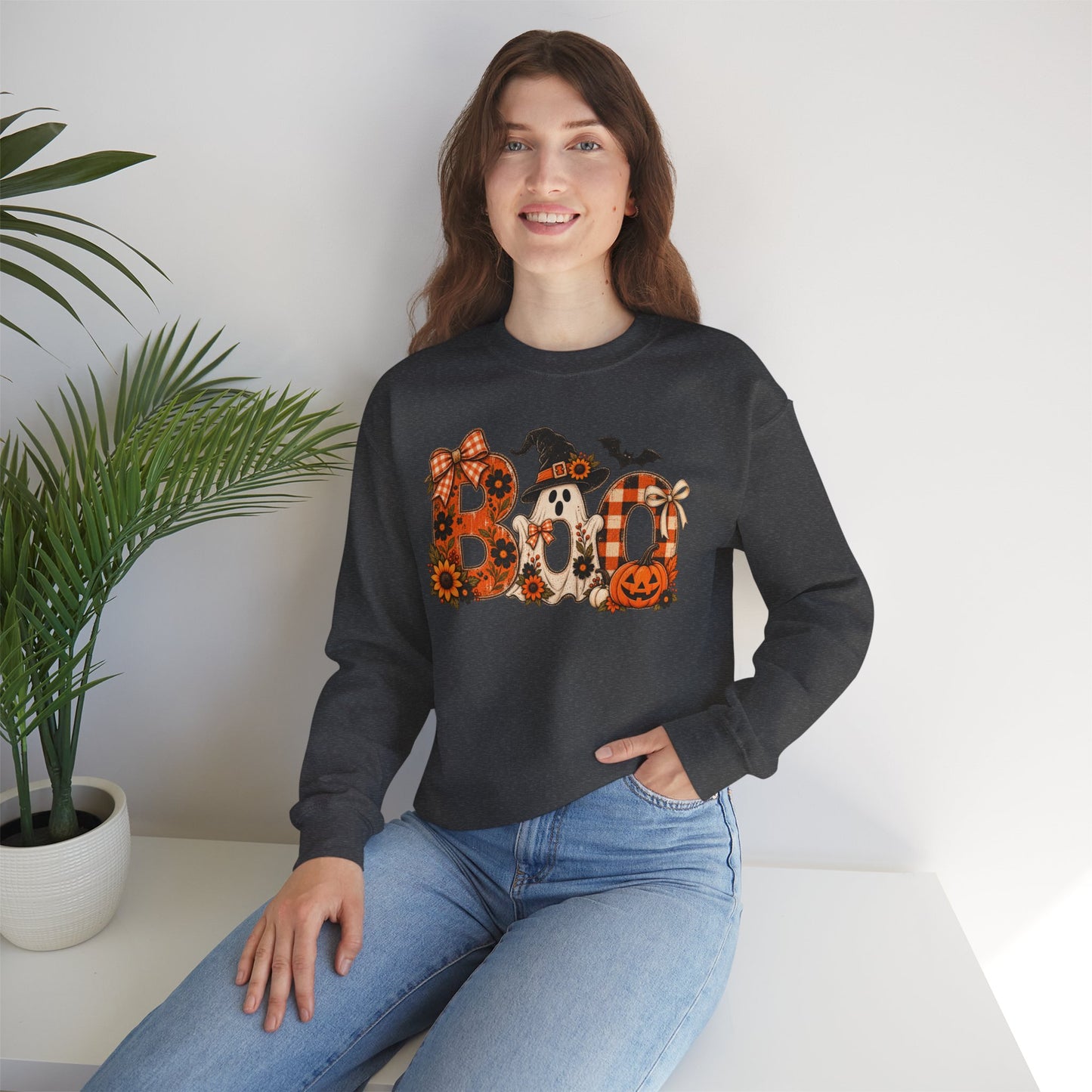 Halloween "Boo" Crewneck Sweatshirt — Cute Pumpkin & Ghost Fall Pullover