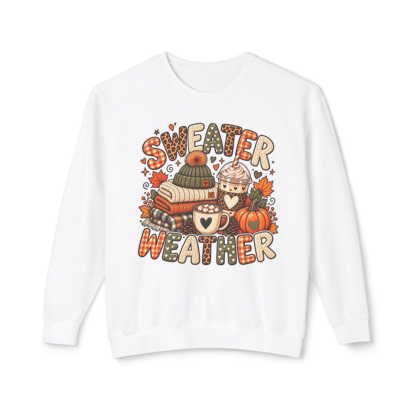 Sweater Weather Crewneck Sweatshirt – Cozy Fall Pumpkin & Hot Cocoa Graphic