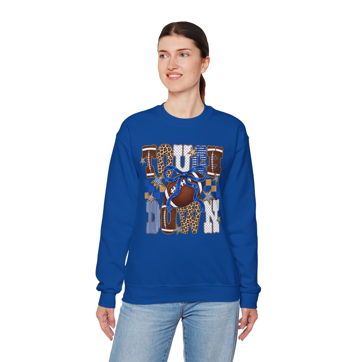 Touchdown Football Crewneck Sweatshirt — Blue & Leopard Print Game Day Pullover