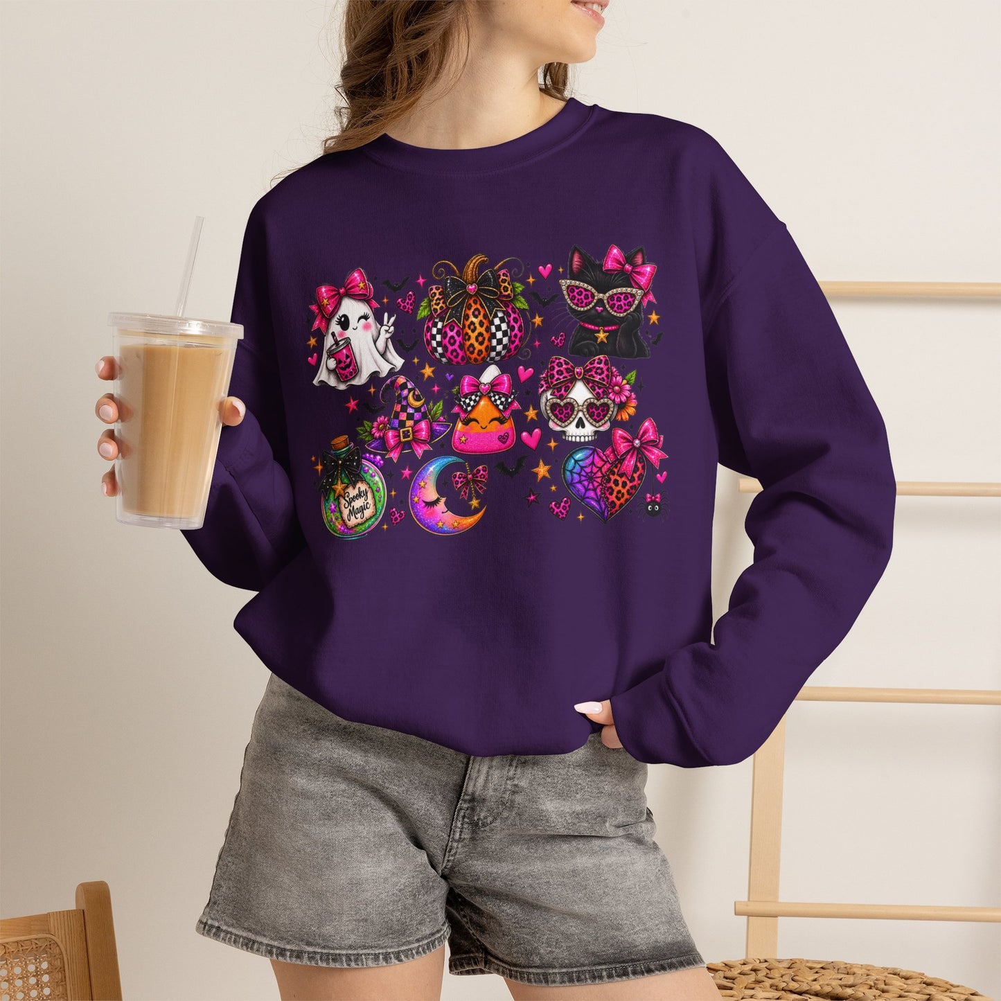 Halloween Cat & Pumpkin Crewneck Sweatshirt — Colorful Spooky Cute Design