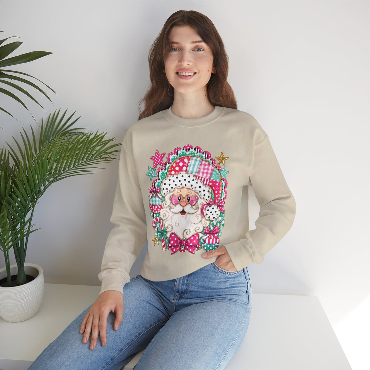 Pink Patchwork Santa Sweatshirt — Cute Christmas Crewneck for Women & Kids