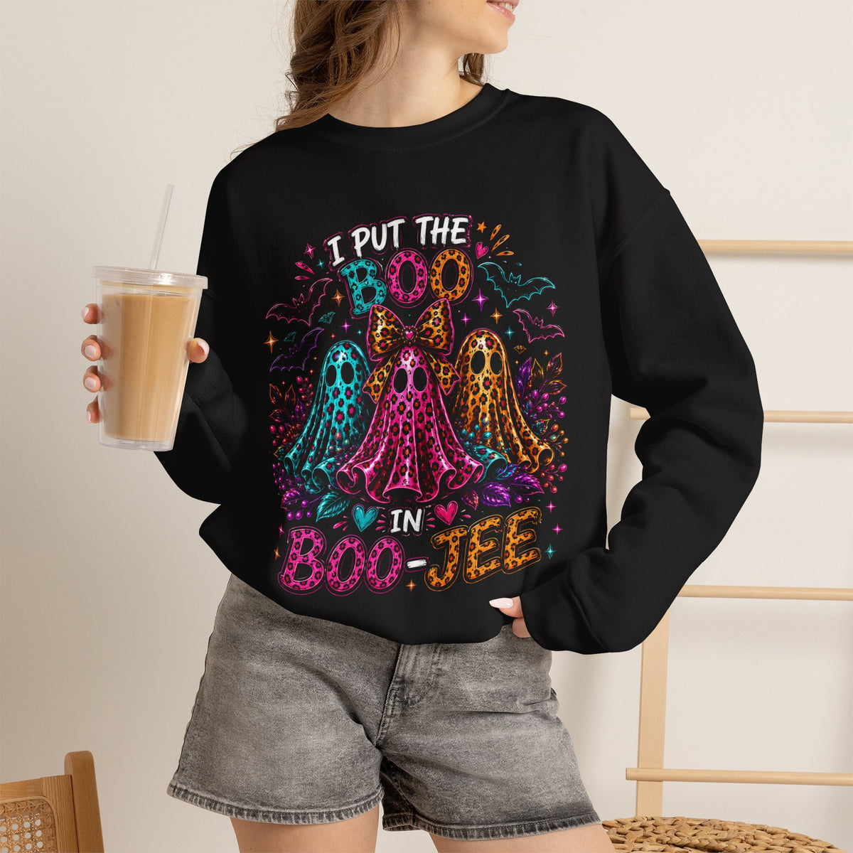Halloween Crewneck Sweatshirt - "I Put the Boo in Boo-tee" Colorful Ghosts